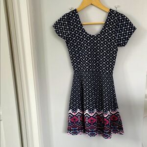 Planet Gold Blue and White Fit and Flare Mini Dress